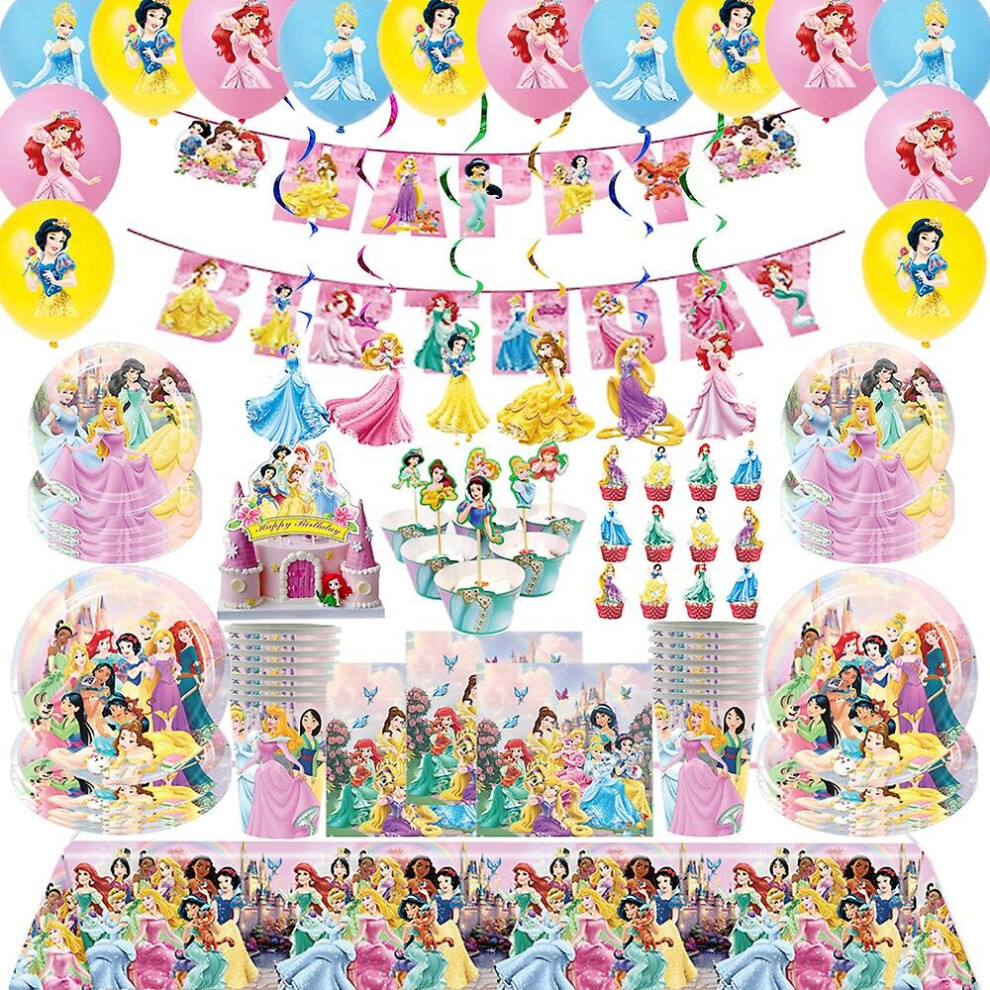 Princess Girls Party Decoration Kids Disposable Tableware Set Balloon Belle Snow White Cinderella Birthday Party Supplies