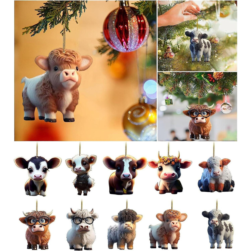 10pcs 2d Acrylic Cute Cartoon Cow Car Pendant Home Tree Decoration, Christmas Tree Ornament, Home Decor