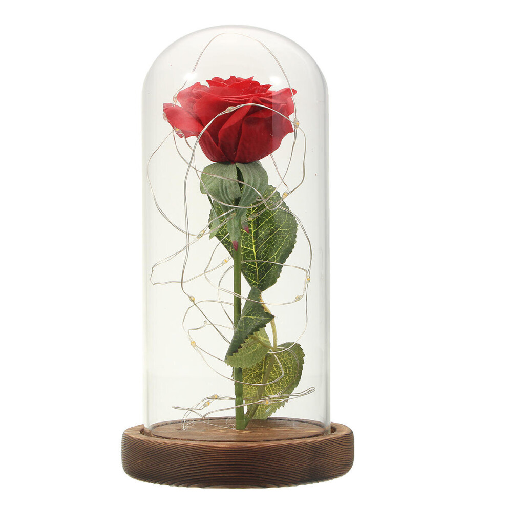 (Burnt Wood Base) Red Rose Lights Decorations Beauty Enchanted Preserved Red Fresh Rose Glass Cover with LED Light