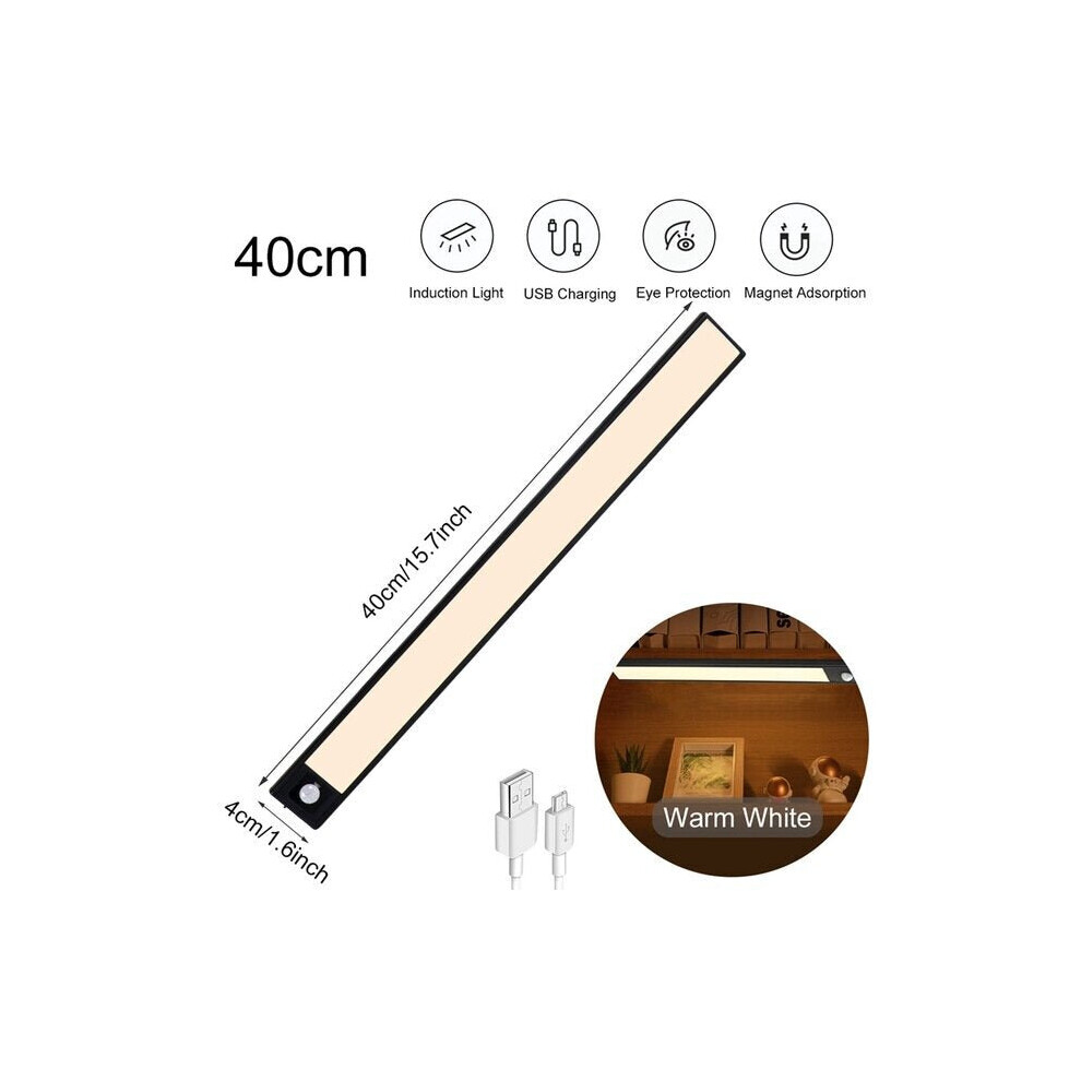 (Black 40cm, Warm Light) 20/40/60CM Body Sensing Small Night Light USB Charging Lamp LED Portable Strip Light for Bedroom Wardrobe Bookcase Stairs