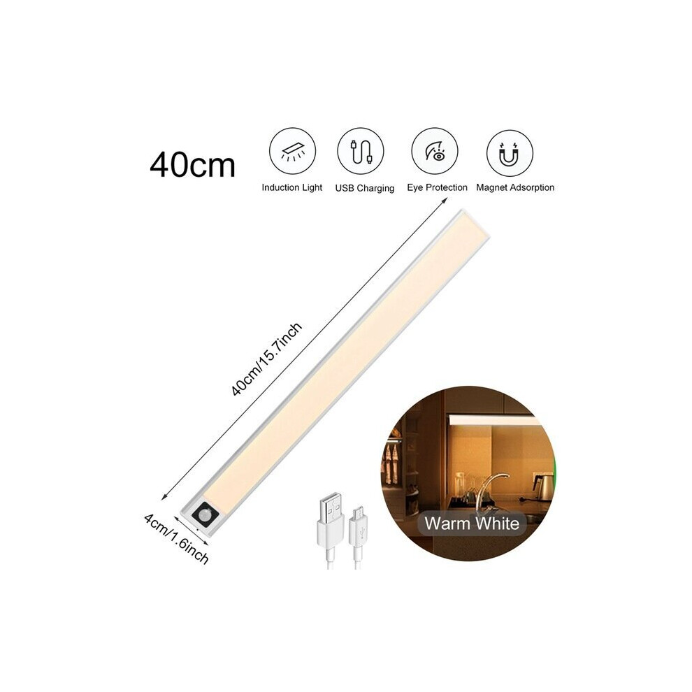 (White 40cm, Warm Light) 20/40/60CM Body Sensing Small Night Light USB Charging Lamp LED Portable Strip Light for Bedroom Wardrobe Bookcase Stairs