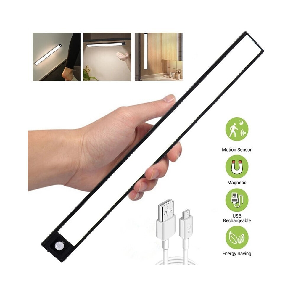 (Black 60cm, White Light) 20/40/60CM Body Sensing Small Night Light USB Charging Lamp LED Portable Strip Light for Bedroom Wardrobe Bookcase Stairs