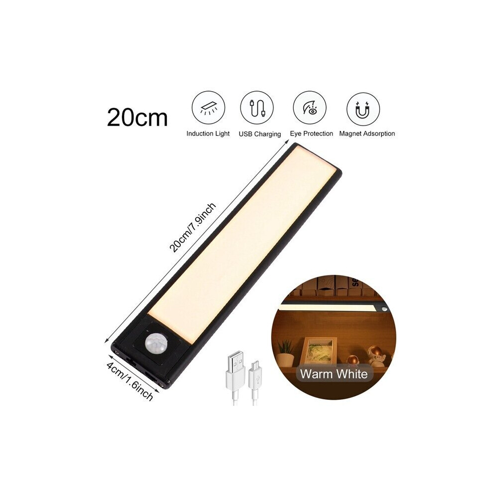 (Black 20cm, Warm Light) 20/40/60CM Body Sensing Small Night Light USB Charging Lamp LED Portable Strip Light for Bedroom Wardrobe Bookcase Stairs