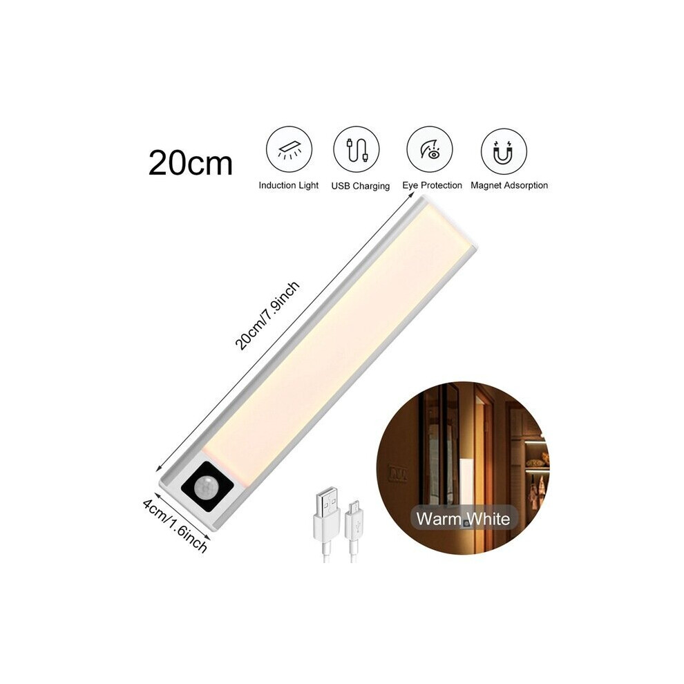 (White 20cm, Warm Light) 20/40/60CM Body Sensing Small Night Light USB Charging Lamp LED Portable Strip Light for Bedroom Wardrobe Bookcase Stairs