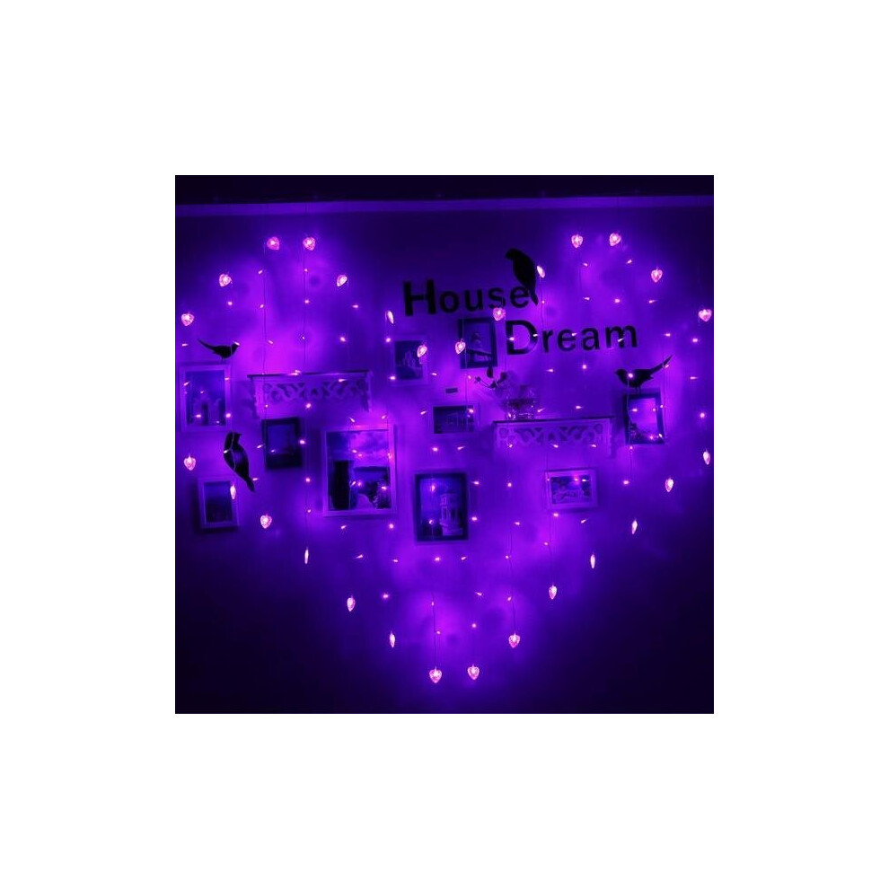 (Purple) 2x1m 128 LED Heart Shape Light String 220V Curtain Light Home Decor for Festival Christmas