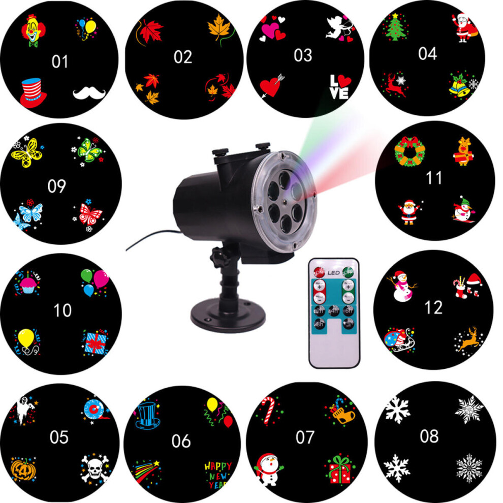 (UK Plug) LED Stage Light Waterproof Projection Lamp Outdoors Projector 12Card Remote Control Light