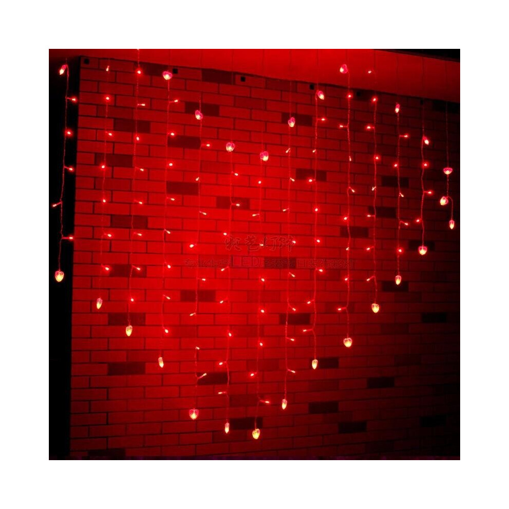 (Red) 2x1m 128 LED Heart Shape Light String 220V Curtain Light Home Decor for Festival Christmas