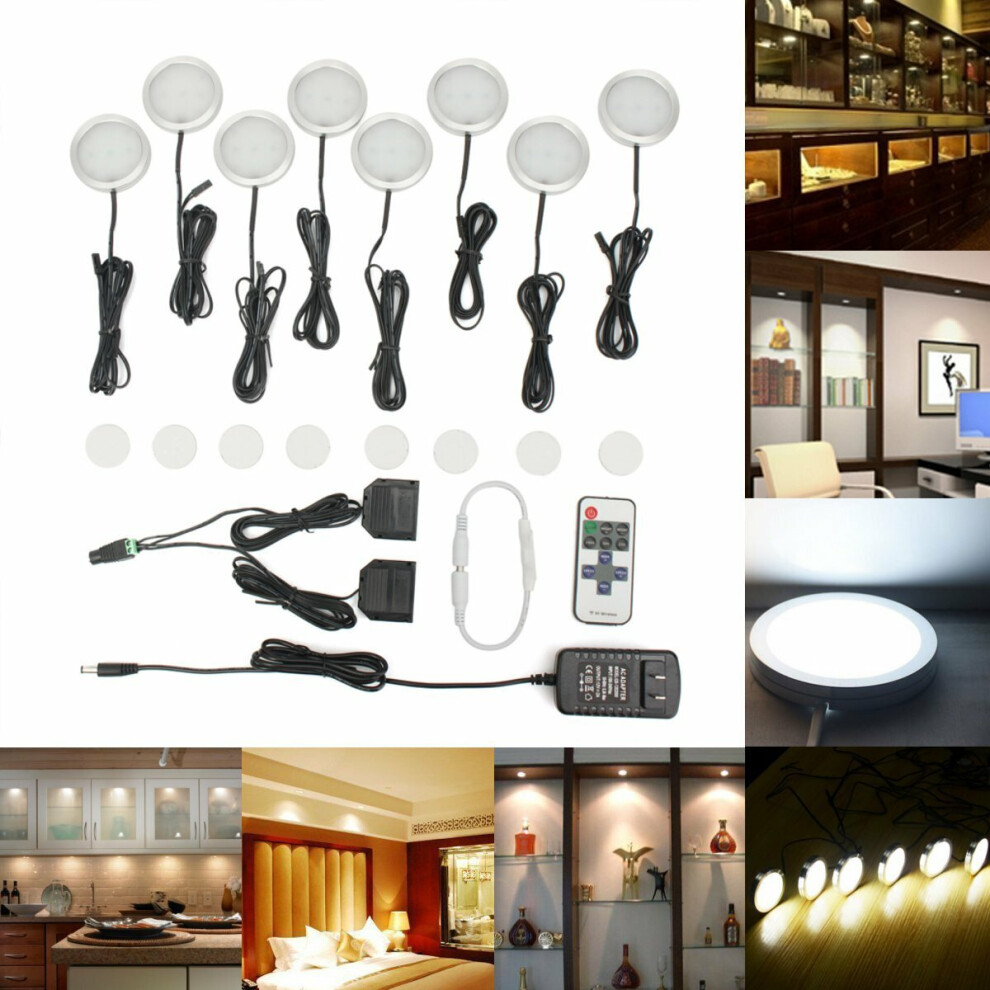 8PCS LED Cabinet Light White Dimmable Kitchen Counter Under Puck RF Wireless Remote Control + Power Supply