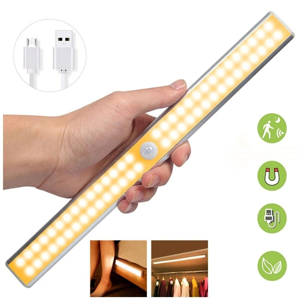 (60 LED, White Light) LED Closet Light USB Rechargeable Under-Cabinet Lamp Wireless Motion Sensor Night Light with Magnetic Strip for Cabinet Wardrobe