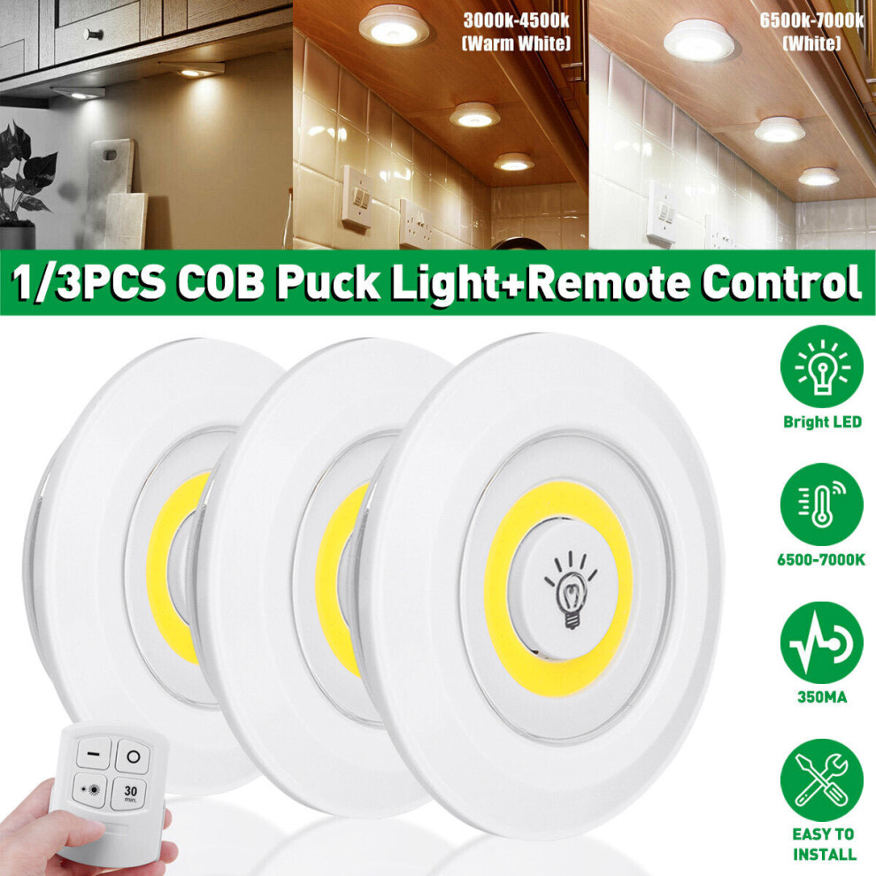 (3pcs, White Light) 1/3PCS Under Cabinet Lights Closet Kitchen Counter COB Puck Light+Remote Control