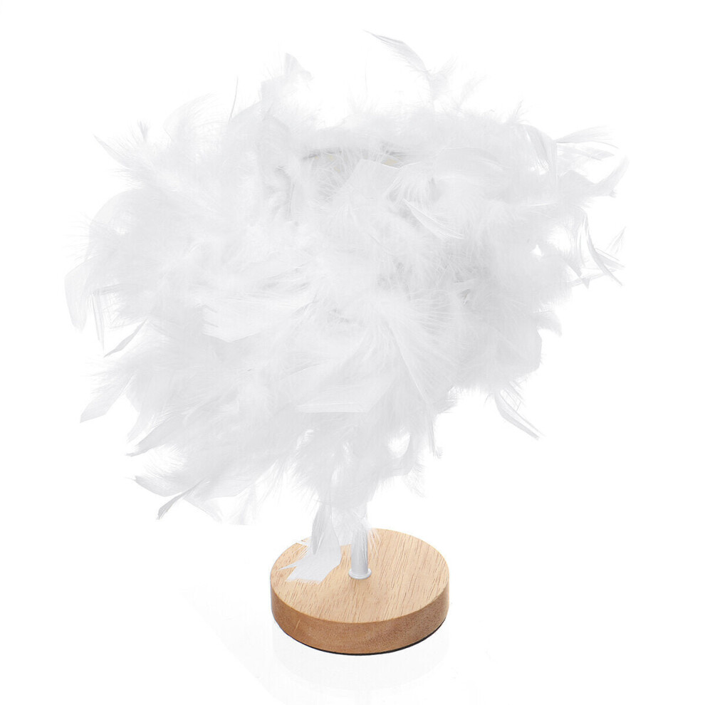 (Button) USB Modern White Feather Shade Table Lamp Lampshade Elegant Bedside Desk Night Light Home Bedroom Decor