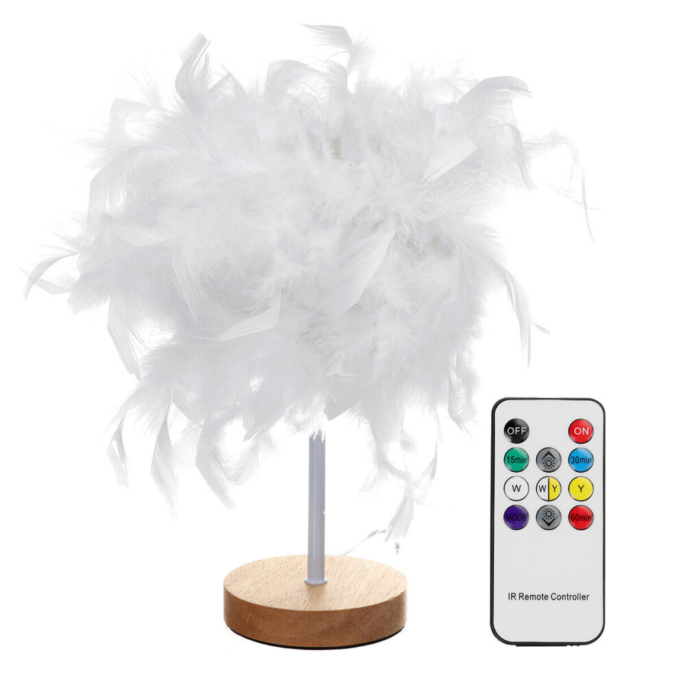 (Remote Control) USB Modern White Feather Shade Table Lamp Lampshade Elegant Bedside Desk Night Light Home Bedroom Decor