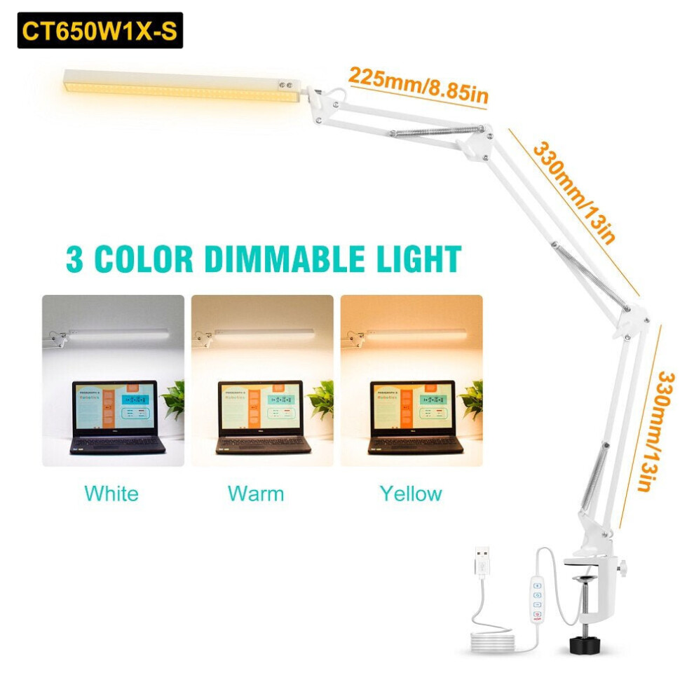 (CT650W1X-S) 10W LED Desk Lamp Reading Table Lamps 3 Color Modes 10 Brightness Level Eye Caring Lights Dimmable Home Office Light