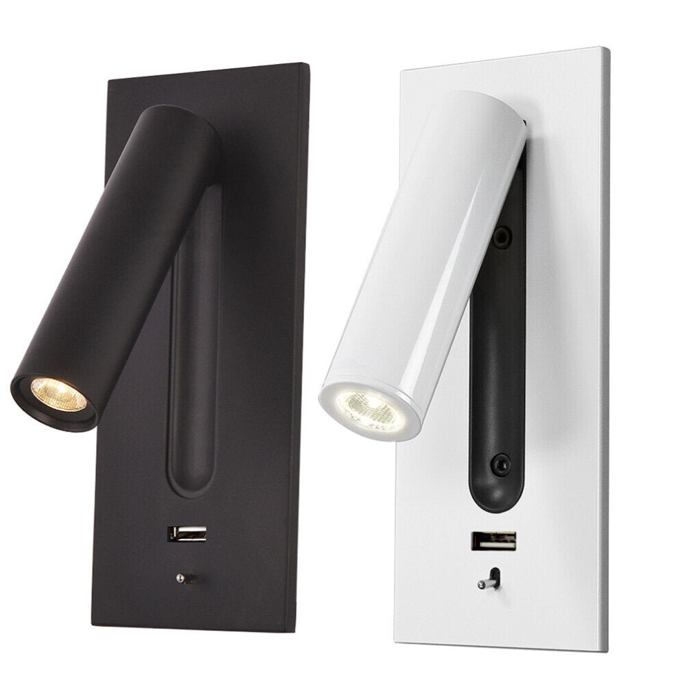 (Black, 4000K) Wall Light Bed Headboard Reading Lights LED Wall Lamps 5V 2.1A USB Charger Switch Hotel Bedside Wall Sconces Lighting