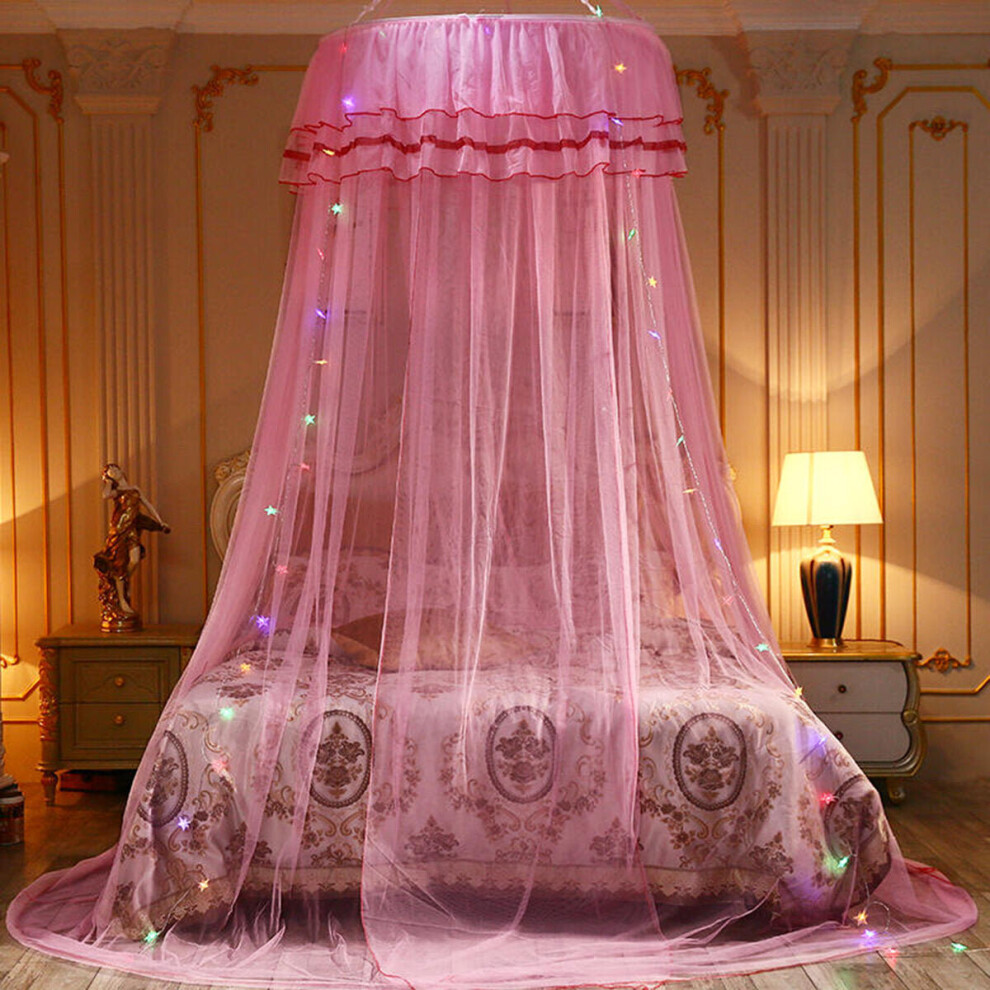 (Pink) Mosquito Net Bedding Lace LED Light Princess Dome Mesh Bed Canopy Bedroom Decor