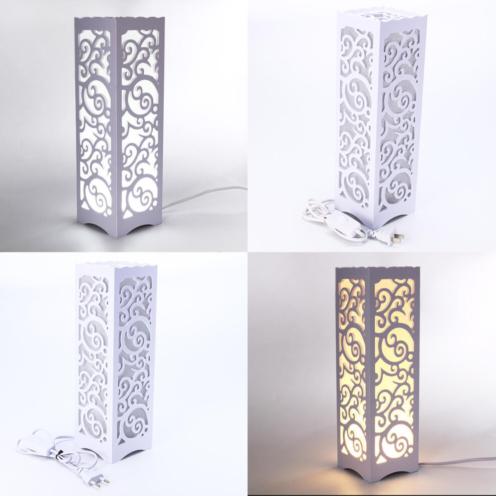 (US Plug, White light) Modern LED Desk Table Lamp Classic Wooden Bedside Light Hollow Carved Decoration