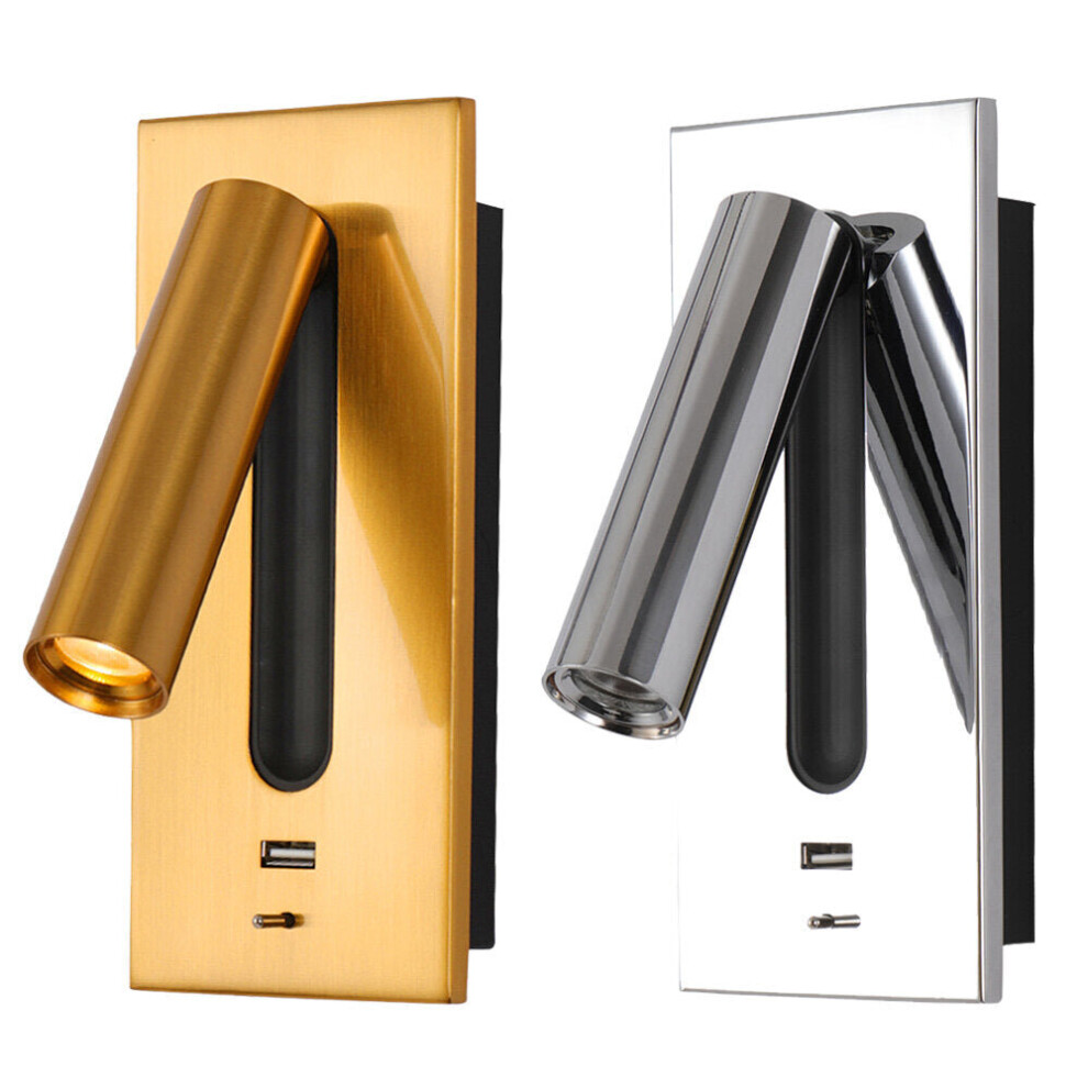 (Brass, 4000K) Wall Light Bed Headboard Reading Lights LED Wall Lamps 5V 2.1A USB Charger Switch Hotel Bedside Wall Sconces Lighting