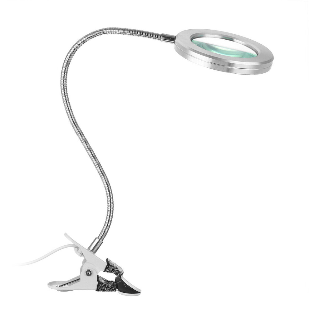 (Silver with magnifying glass) Magnifying LED Lamp USB Charging Table Light Clip-on Lamp Beauty Tattoo Reading