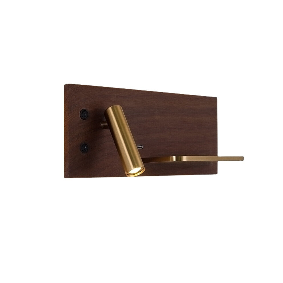 (Deep wood pattern + brass brush, Right) Wall Light Bedroom Lamp LED Phone Wireless Charger Shelf Bedside Headboard Read Modern Loft Room USB Luminaire Wood Bed