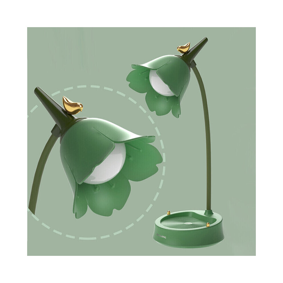 (Green) Flower LED Desk Lamp Dimmable Student Bedroom Room Lighting Touch Reading Lamp Eye Protection Multi-function Lamp Table Light
