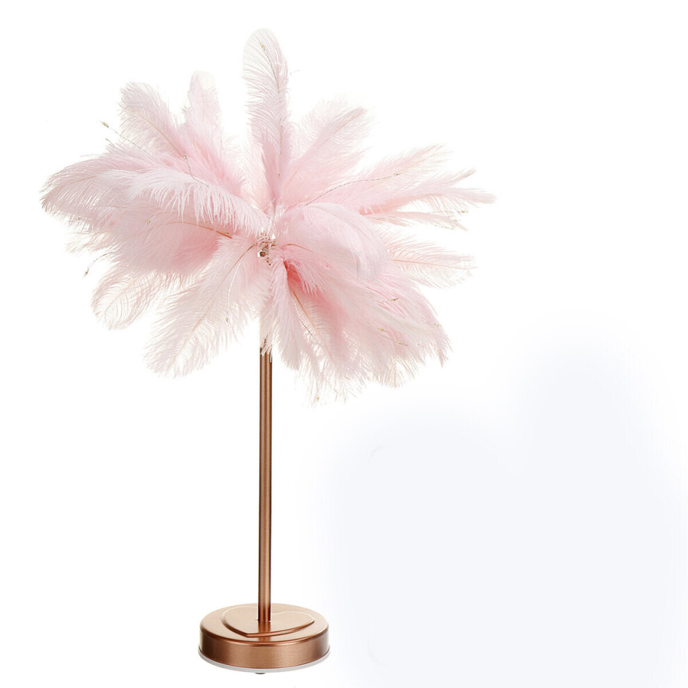 (Stainless Steel Light Base with Pink Feathers) 96LED Feather Desk Lamp Light Copper Modern Remote Control Lighting Bedside Lamp