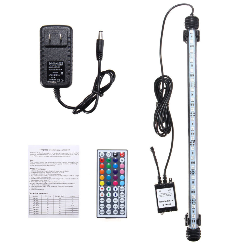 (US Plug) 38CM 5.9W RGB LED Aquarium Fish Tank Light SMD5050 Color Changing Bar Submersible Lamp + Remote Control AC110-240V