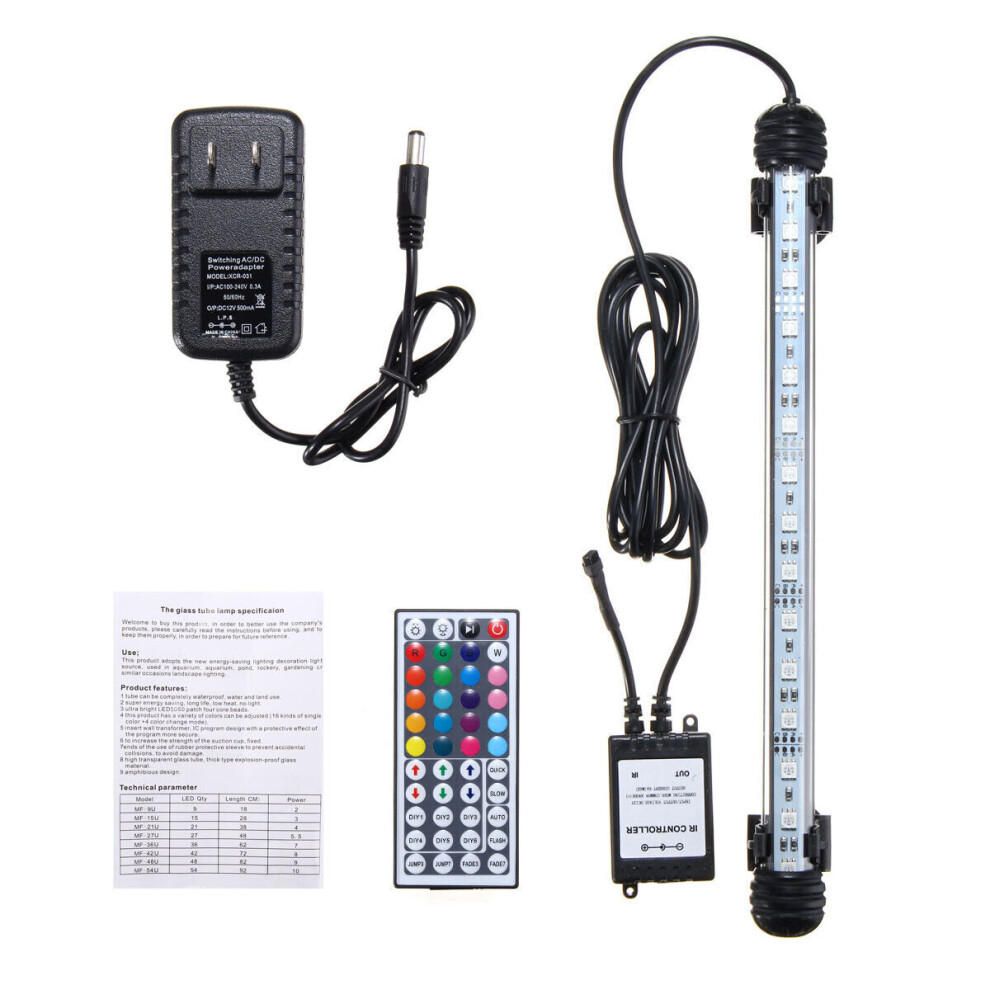 (US Plug) 28CM 4.5W SMD5050 RGB LED Aquarium Fish Tank Light Color Changing Bar Submersible Lamp + 44Keys Remote Control