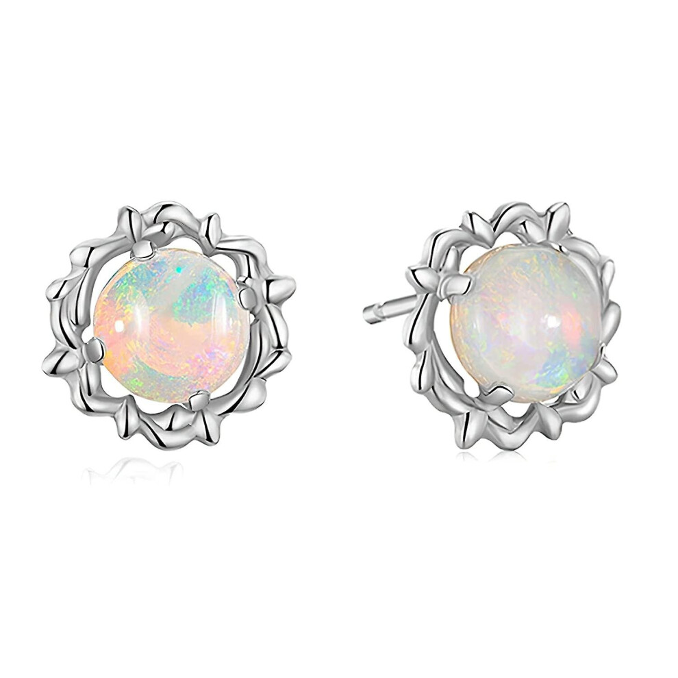 Opal Earrings Studs With 6mm Round Birthstone Gemstone Flower Earrings 925 Sterling Silver Stud Earrings For Sensitive Ears Opal Jewelry For Women Tee