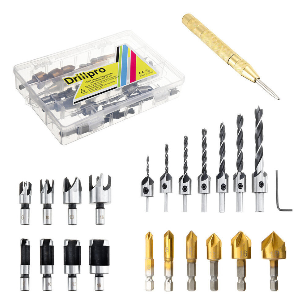 23Pcs Woodworking Chamfering Countersunk Drill Bit Set 5 Flute Chamfering Drill Wood Plug Cutter Automatic Center Punch Drill 1138392178317