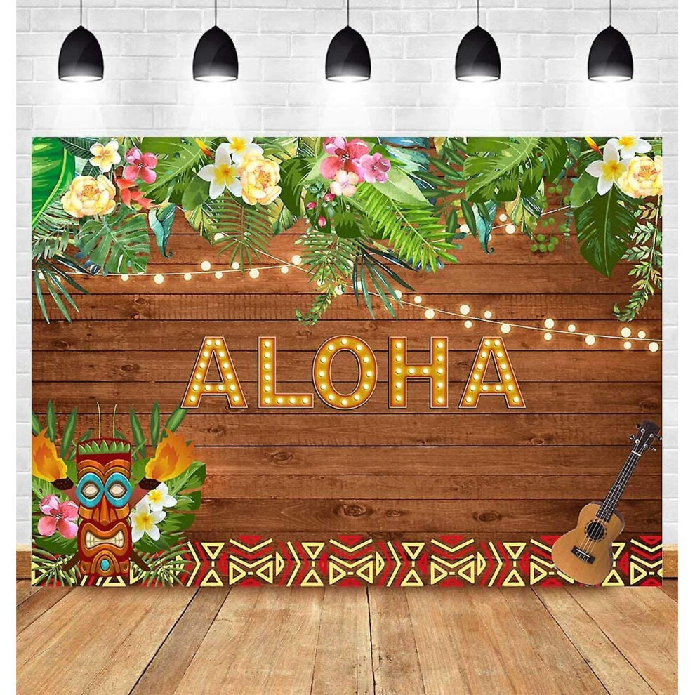 7X5ft Aloha Party Backdrop Summer Tropical Hawaiian Luau Flowers Wooden Sculpture Floral Prom Decoration Background Happy Birthday Baby Shower Banner 9172662329339