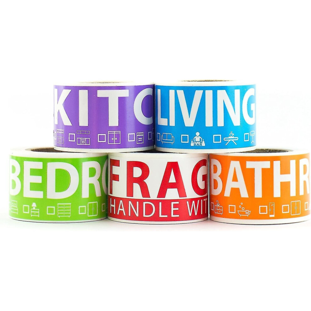 250 Home Moving Labels For 1 Bedroom House. 50 Labels Per Room, 5 Color Coded Label Rolls. Fragile Label Included. For Moving Boxes, Moving Supplies,