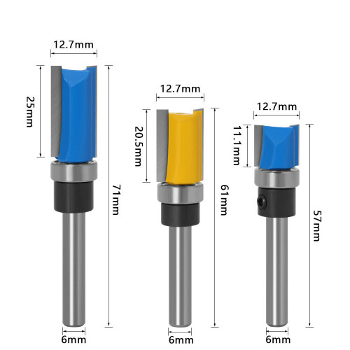 (3pcs 6mm shank set) 1/4inch/6mm Shank Flush Trim Router Bit Pattern Bit Top Bottom Bearing Blade Template Wood Milling Cutter Carpenter