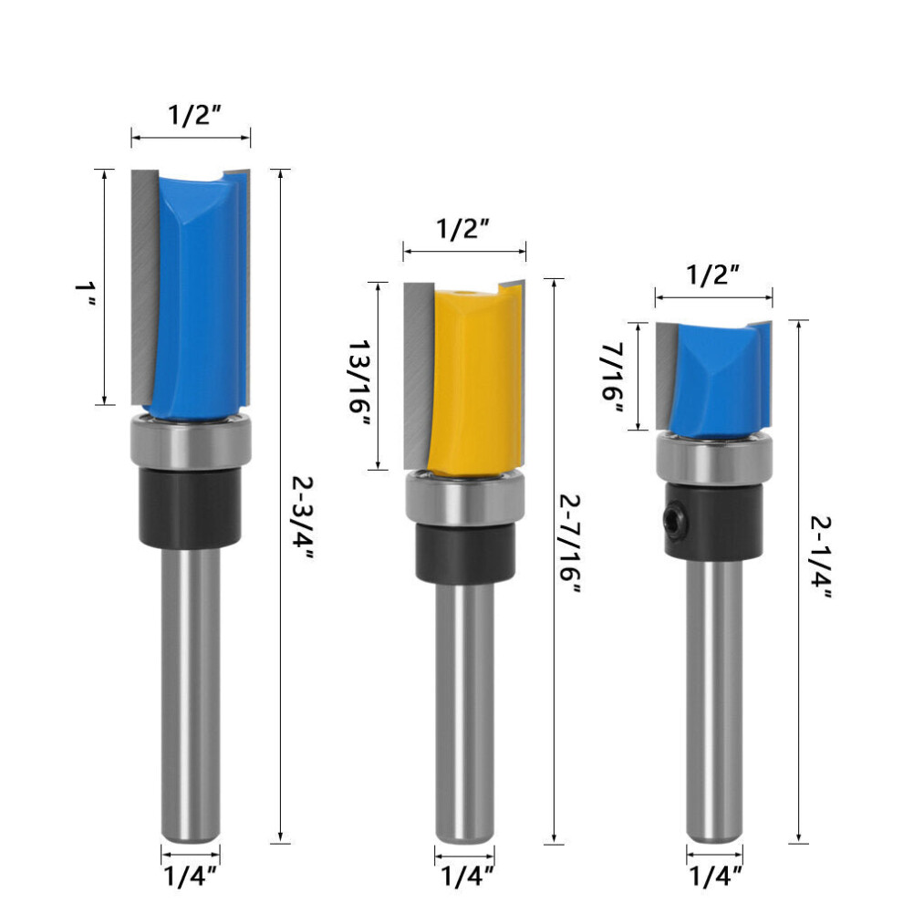 (3pcs 1/4 shank set) 1/4inch/6mm Shank Flush Trim Router Bit Pattern Bit Top Bottom Bearing Blade Template Wood Milling Cutter Carpenter