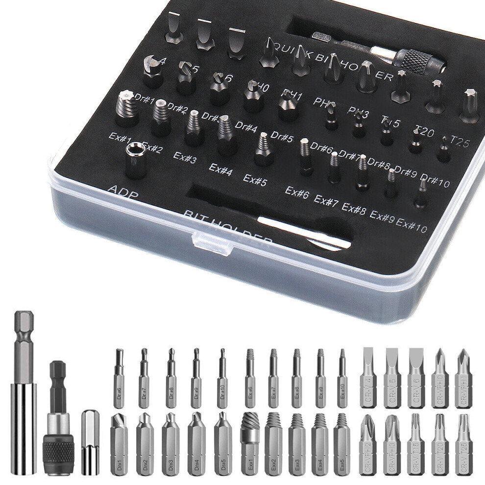 33Pcs Hss Screw Removal Bit Screwer Extractor Drill Adapter For Remove Bolts 1138392159927