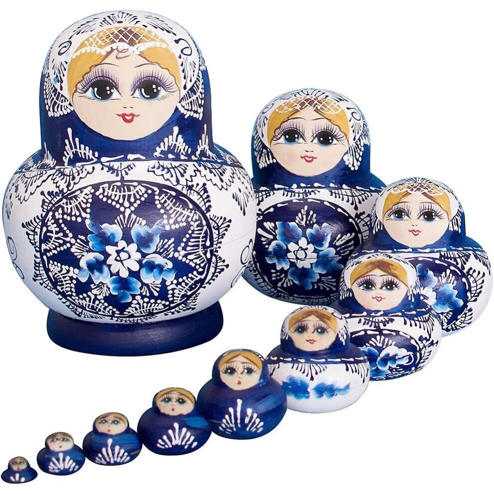 Nesting Dolls Brand, 10 Pieces, Russian Matryoshka Doll Series 10 Piece Painted Wooden Russian Doll? Handcrafted,, Gifts, Toysblue
