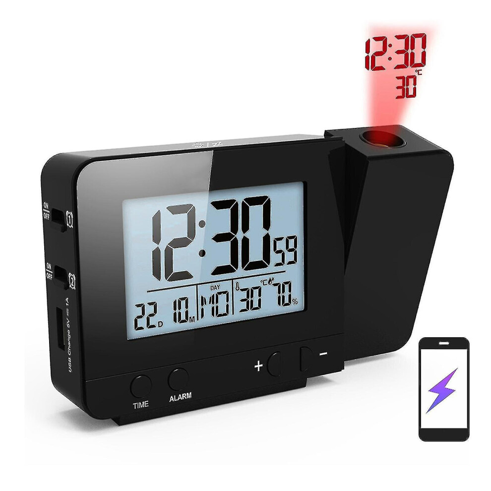 (Black) Projection Alarm Clock For Bedroom With Thermometer Hygrometer Digital Project Ceiling Clock Dimmable Led Display With Usb Charger 180rotable