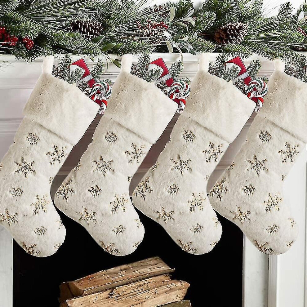 Christmas Stockings 4 Pack 19 Inch, Large Faux Fur Xmas Stocking With Sequin Snowflakes For Family, Country Rustic Personalized Holiday Indoor De Gold