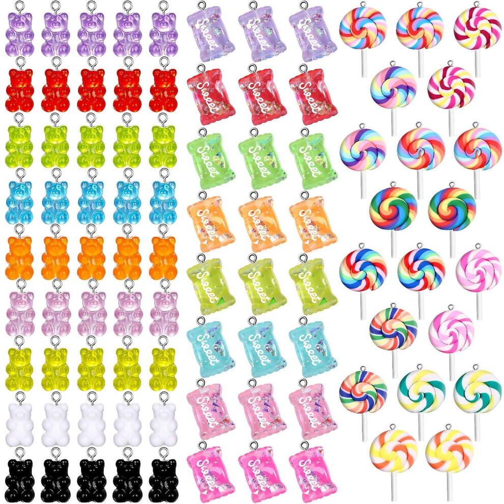 89 Pcs Candy Charms Colorful Bear Charms Sweet Gummy Candy Pendant Cute Bear Pendants Polymer Clay Lollipop Shape Charm For Jewelry Making
