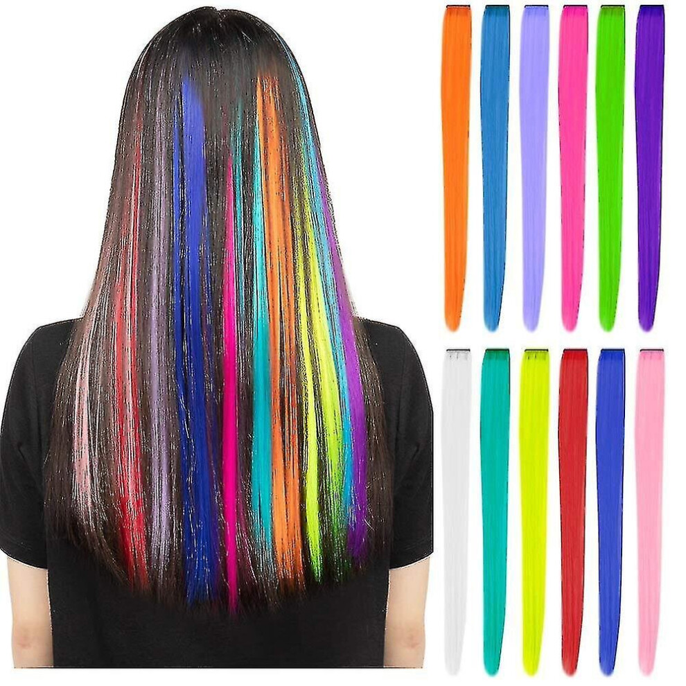Unisex 12 Pcs Colored Party Highlights Colorful Clip In Hair Extensions, 22 Inch Straight Synthetic Hairpieces, Rainbow