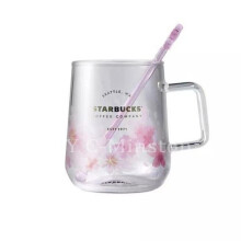 Starbucks Pink Sakura Color-Changing Glass Coffee Mug with Flower Stick, 12oz (355ml)