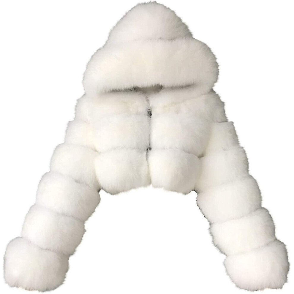 (White, Large) Faux Fur Coat Women With Hood Cropped Bubble Coats Fleece Short Warm Jackets Plus Size Winter Coats For Women