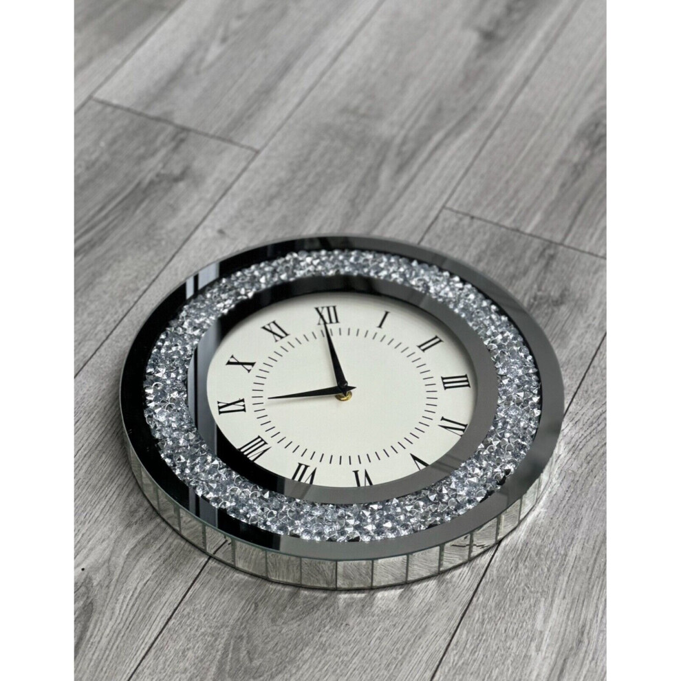 Silver Round Mirror Clock with Crushed Crystal Filled Diamond Crushed Wall Clock, 35x35cm