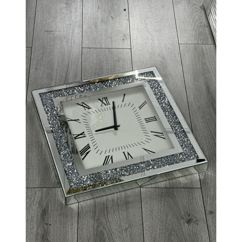 35x35cm square mirror wall clock with silver crushed crystal filling