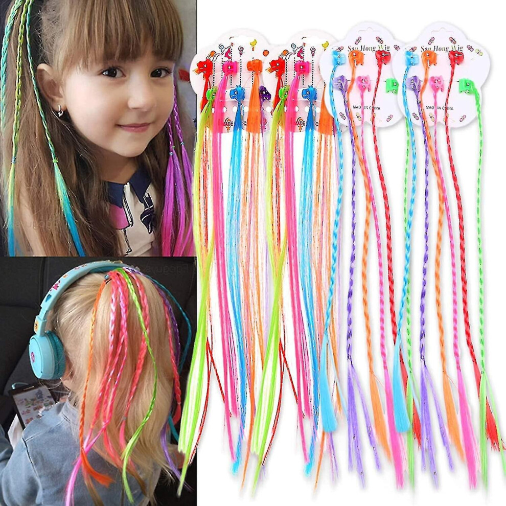24 Pack Kids Hair Extensions With Barrette Clip-On Neon Braid Hair Extensions Pink/Orange/Green