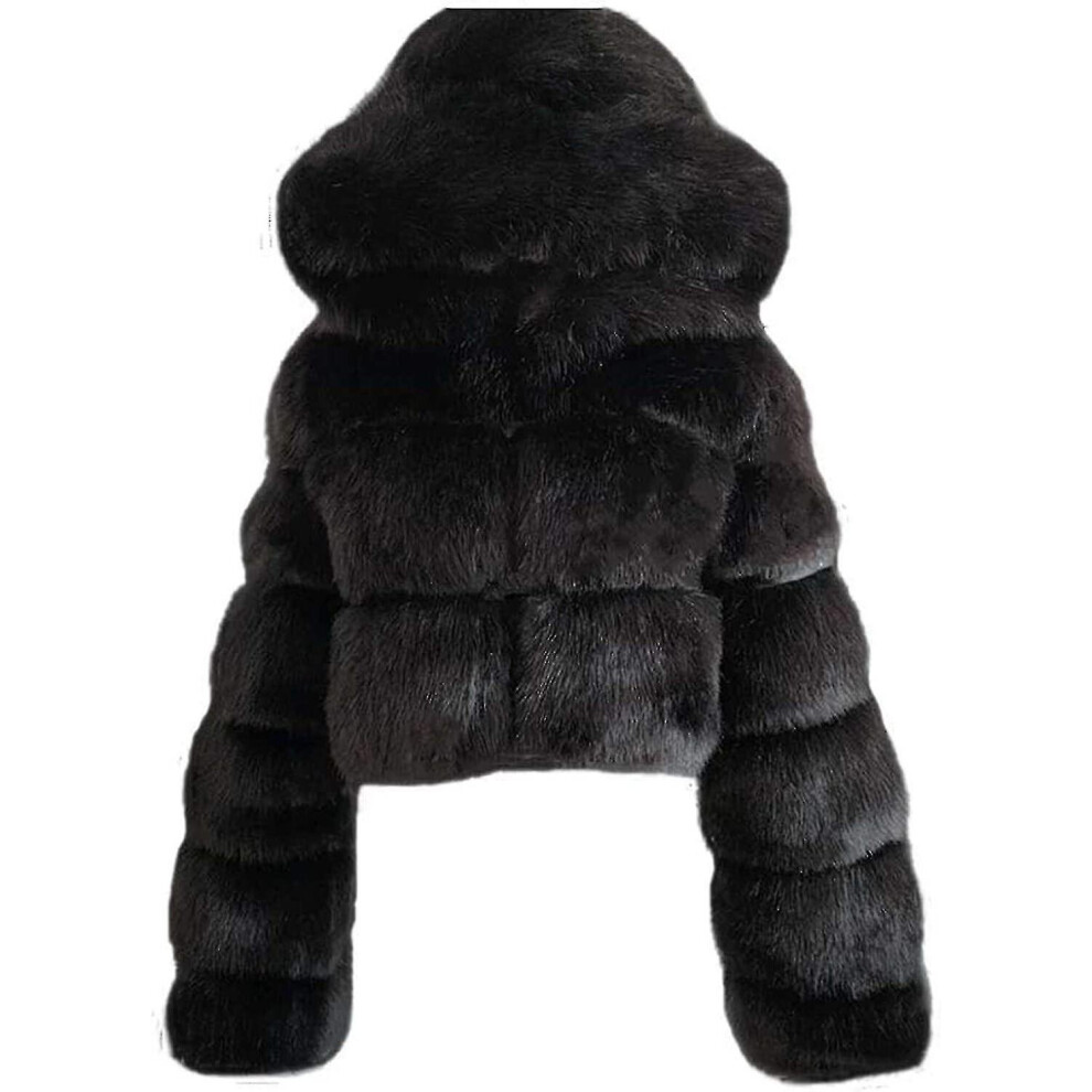 (Black, X Large) Faux Fur Coat Women With Hood Cropped Bubble Coats Fleece Short Warm Jackets Plus Size Winter Coats For Women