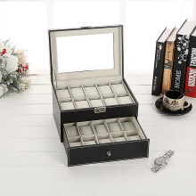Watch Box, Watch Box, 20 Watches With Glass And Drawer, Black/beige, Dimensions: 28.5 X 20.5 X 15 Cm