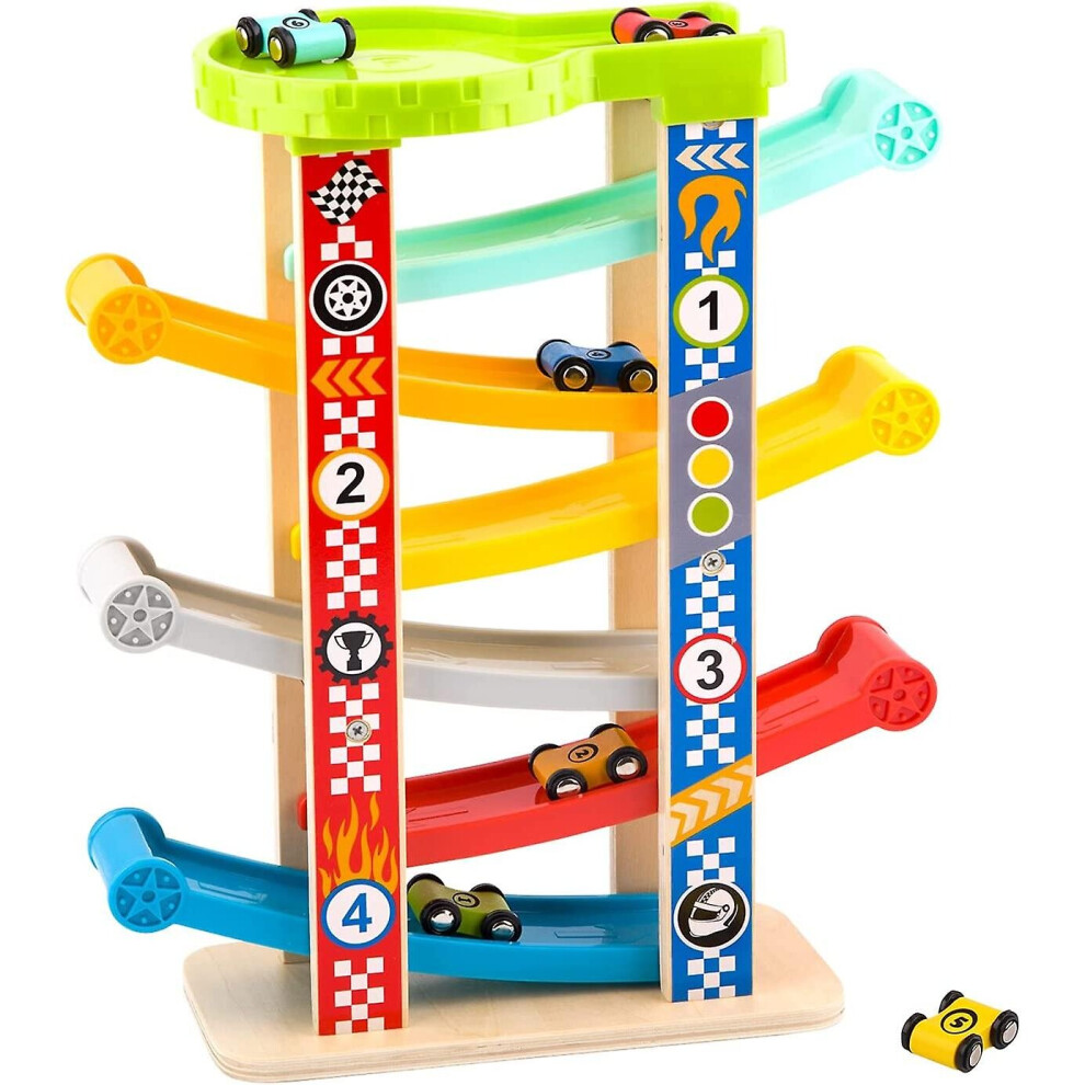 Wooden Car Ramp Racer Toy, Toddler Race Track Toy With 6 Mini Cars And Parking Lot, Wooden Car Ramp Toy For Toddlers Toys For 2 3 Year Old Girls And B