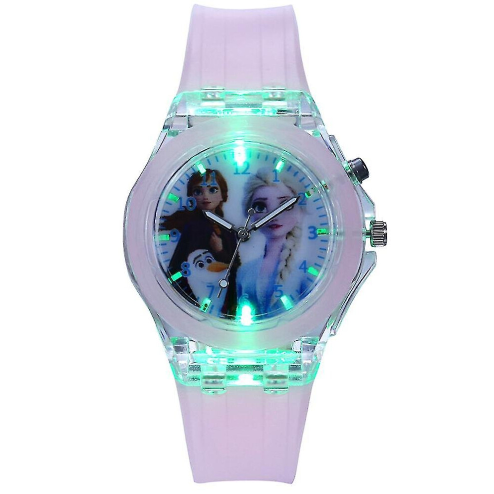 (D) Kids Girls Frozen Anna Elsa Watch Luminous Led Flashing Silicone Watches Gifts