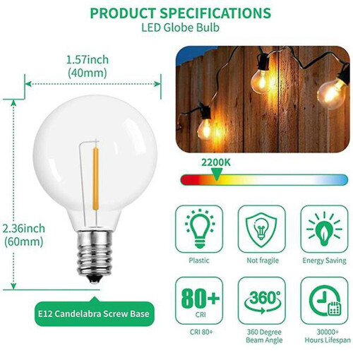 6pcs G40 Led Replacement Light , E12 Screw Base Shatterproof Led Globe For Solar Warm White 2