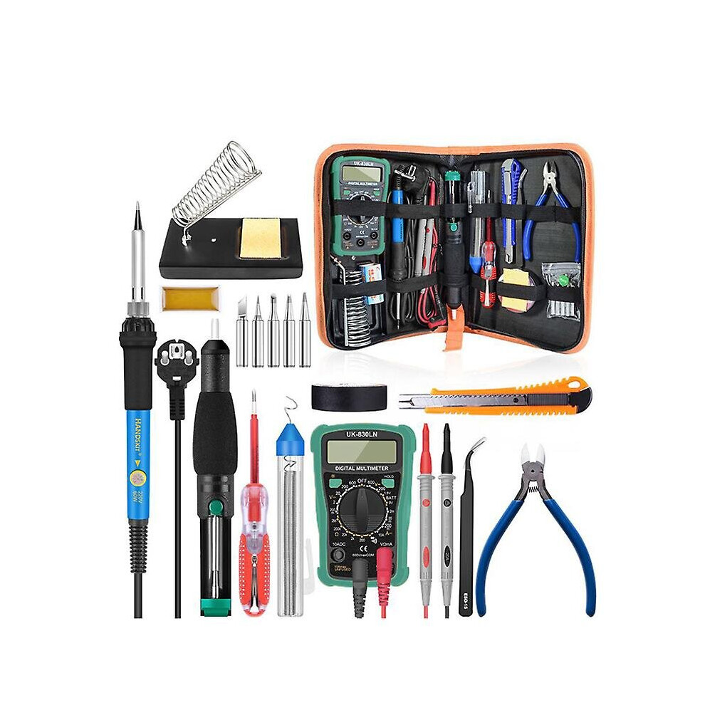 60W Soldering Iron Kit with Adjustable 200-450C, Soldering Station, Multimeter, 5 Tips, Desoldering Pump, Tweezers & Rosin